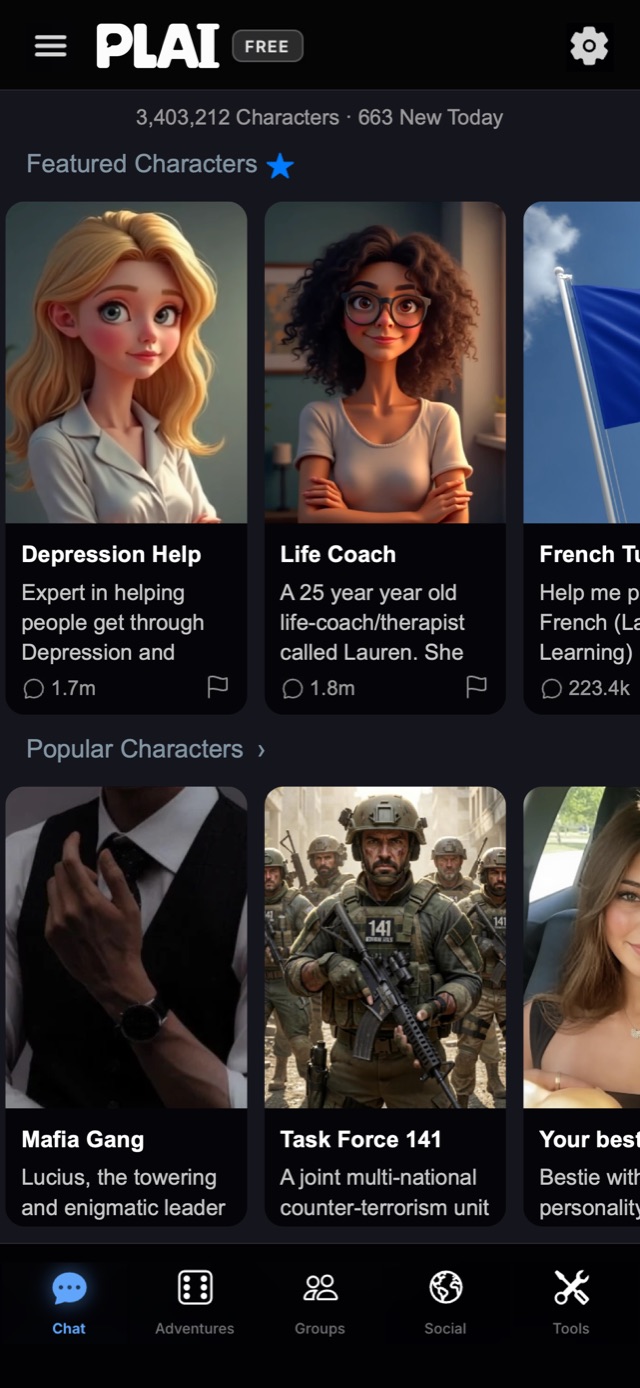 PLAI home screen with featured and popular AI characters